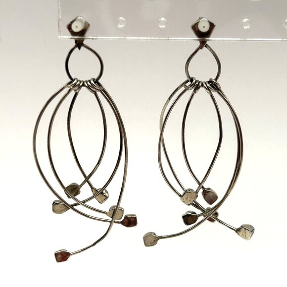 Artisan 925 Sterling Silver Dangle Earrings Turquoise Cube Beads Modernist Studi - Picture 5 of 8